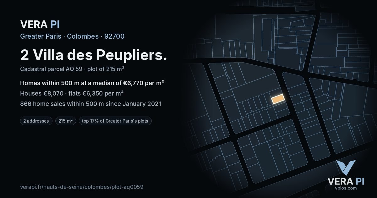 2 Villa des Peupliers, Colombes at night – the plot lit, the parcels around coloured by the prices near them