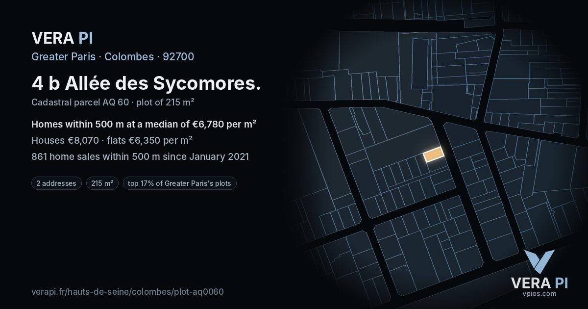 4 b Allée des Sycomores, Colombes at night – the plot lit, the parcels around coloured by the prices near them