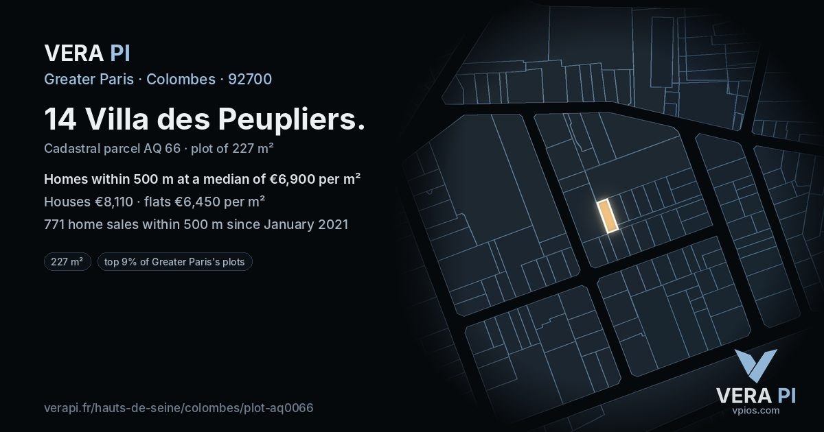 14 Villa des Peupliers, Colombes at night – the plot lit, the parcels around coloured by the prices near them