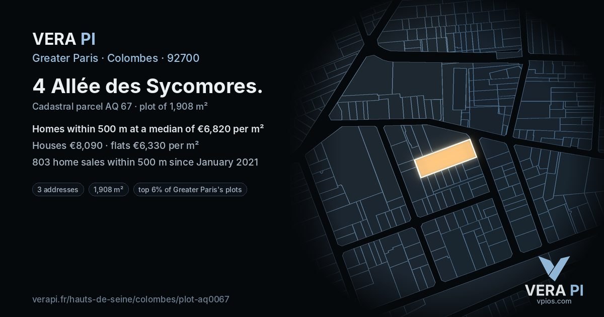 4 Allée des Sycomores, Colombes at night – the plot lit, the parcels around coloured by the prices near them