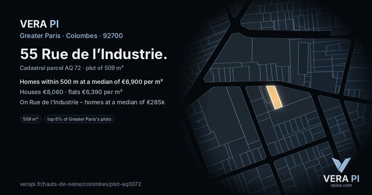 55 Rue de l’Industrie, Colombes at night – the plot lit, the parcels around coloured by the prices near them