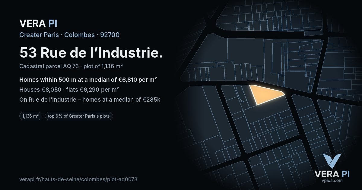 53 Rue de l’Industrie, Colombes at night – the plot lit, the parcels around coloured by the prices near them
