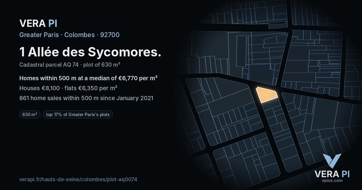 1 Allée des Sycomores, Colombes at night – the plot lit, the parcels around coloured by the prices near them