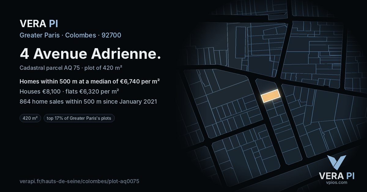4 Avenue Adrienne, Colombes at night – the plot lit, the parcels around coloured by the prices near them