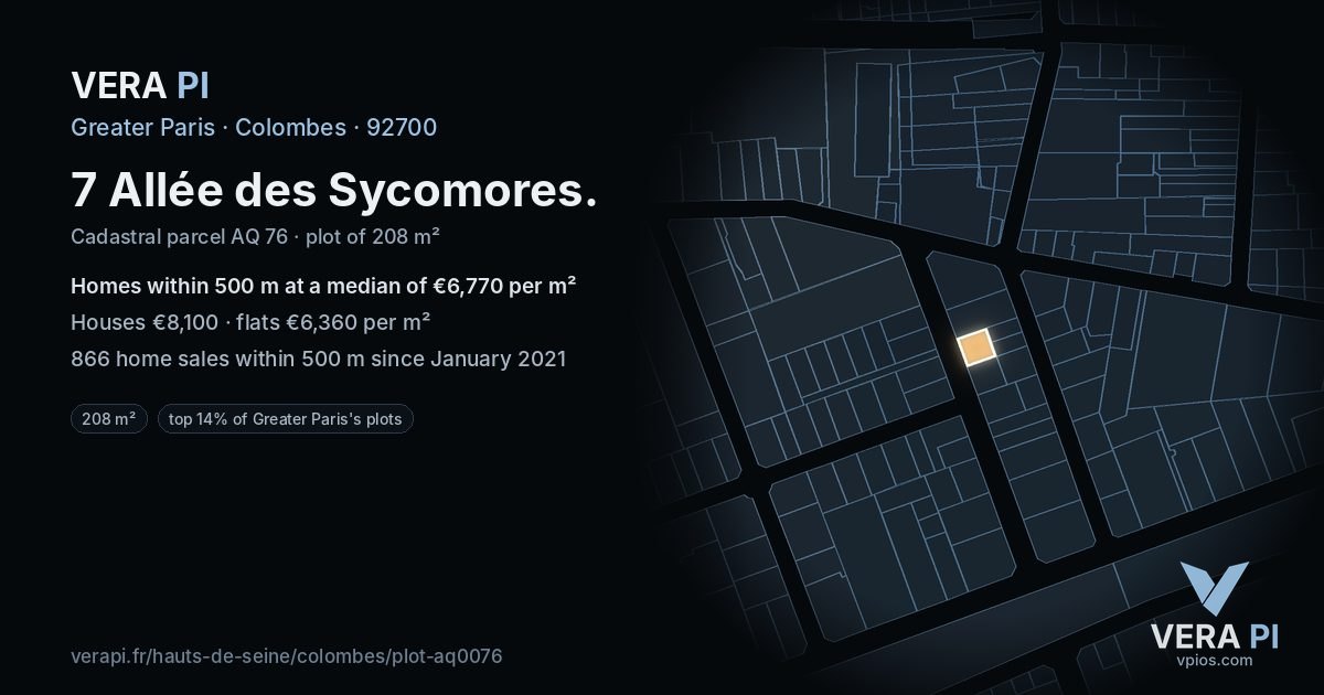 7 Allée des Sycomores, Colombes at night – the plot lit, the parcels around coloured by the prices near them