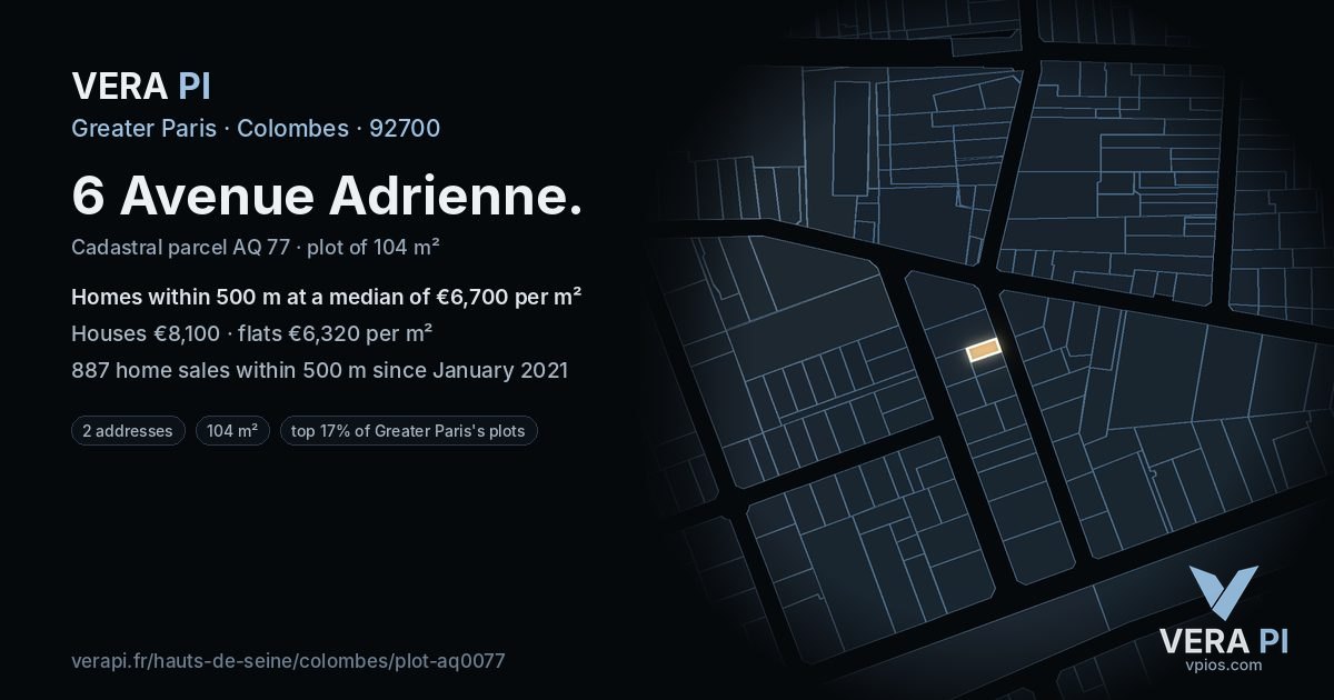 6 Avenue Adrienne, Colombes at night – the plot lit, the parcels around coloured by the prices near them