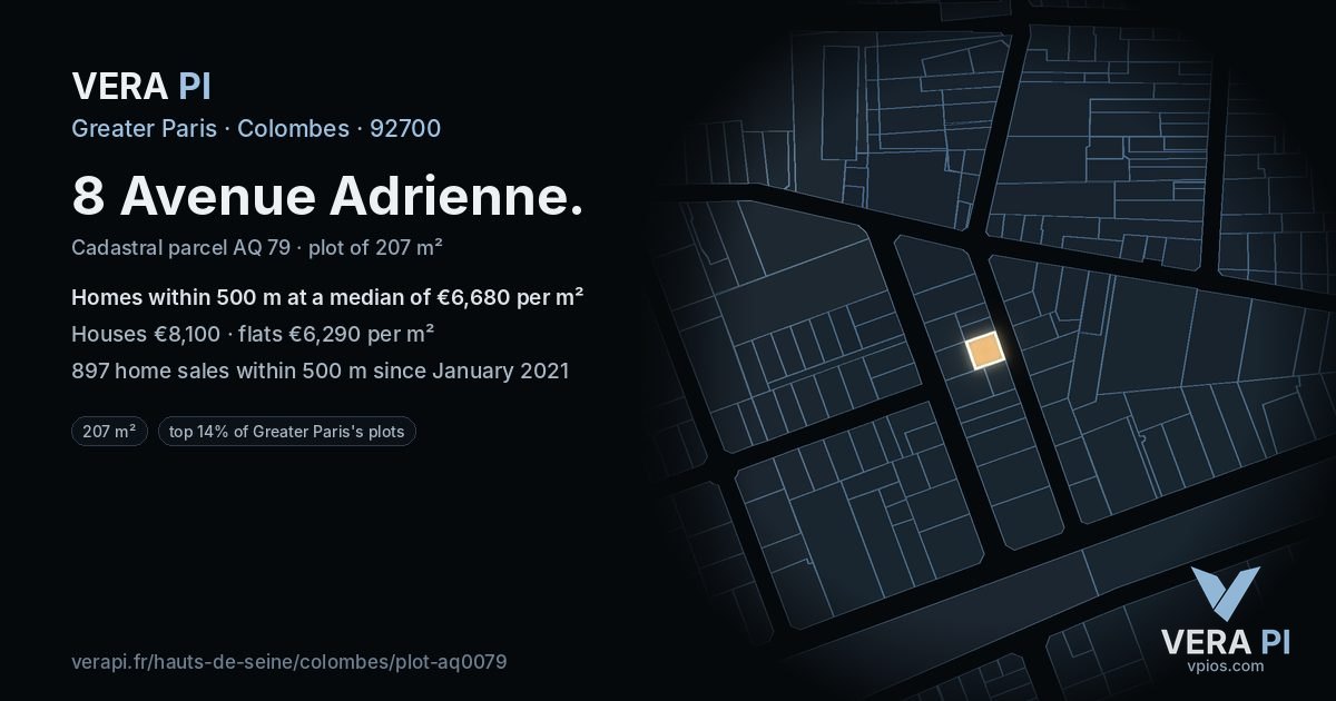 8 Avenue Adrienne, Colombes at night – the plot lit, the parcels around coloured by the prices near them