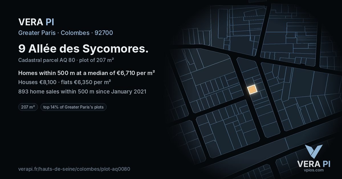 9 Allée des Sycomores, Colombes at night – the plot lit, the parcels around coloured by the prices near them