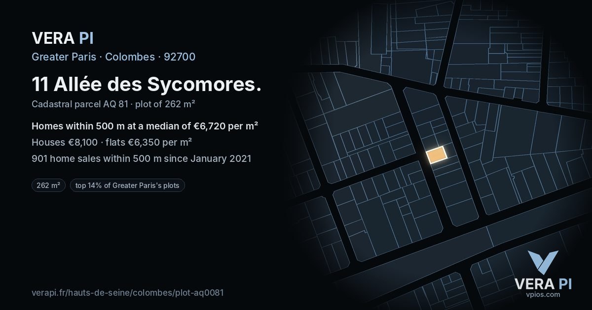 11 Allée des Sycomores, Colombes at night – the plot lit, the parcels around coloured by the prices near them