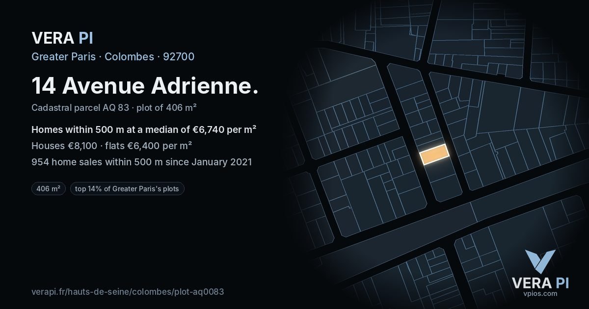 14 Avenue Adrienne, Colombes at night – the plot lit, the parcels around coloured by the prices near them