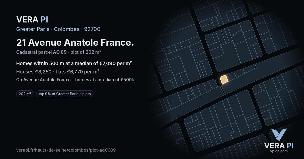 21 Avenue Anatole France, Colombes at night – the plot lit, the parcels around coloured by the prices near them