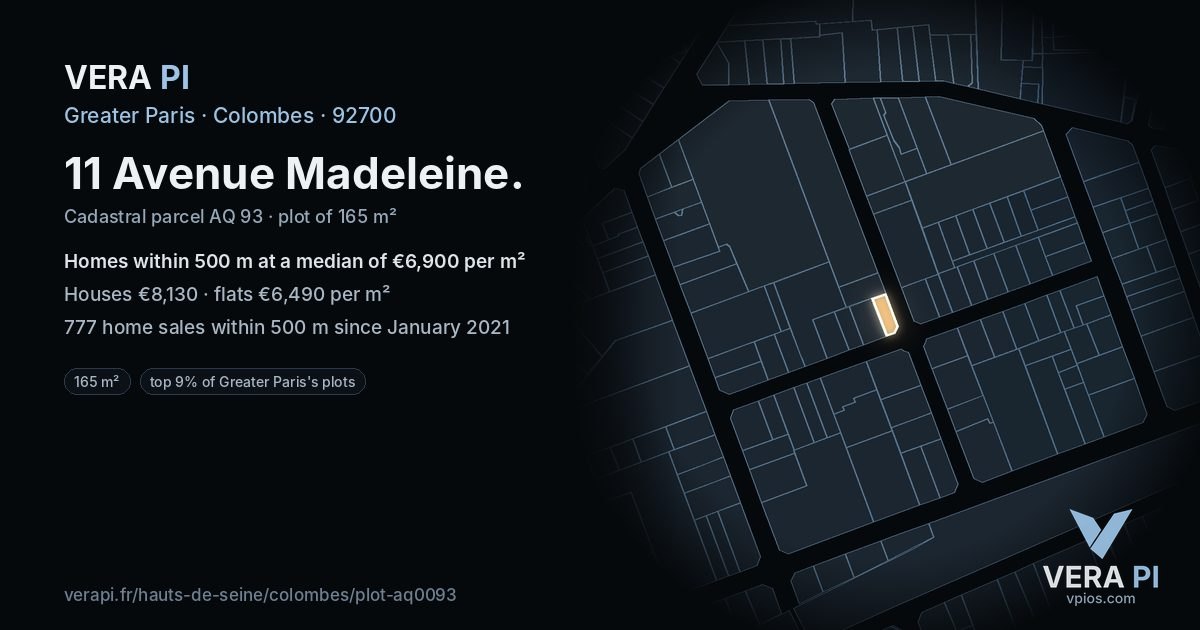 11 Avenue Madeleine, Colombes at night – the plot lit, the parcels around coloured by the prices near them