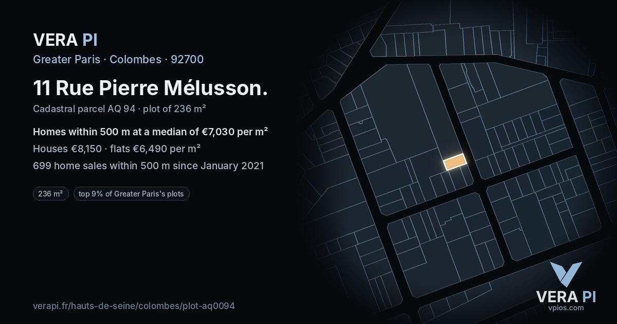 11 Rue Pierre Mélusson, Colombes at night – the plot lit, the parcels around coloured by the prices near them