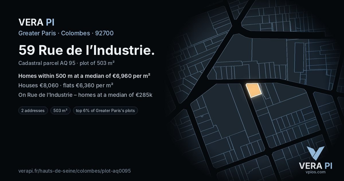 59 Rue de l’Industrie, Colombes at night – the plot lit, the parcels around coloured by the prices near them