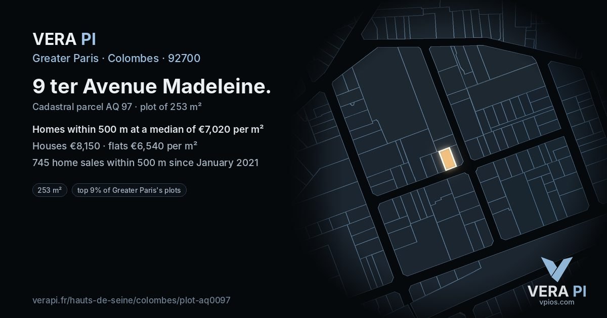 9 ter Avenue Madeleine, Colombes at night – the plot lit, the parcels around coloured by the prices near them