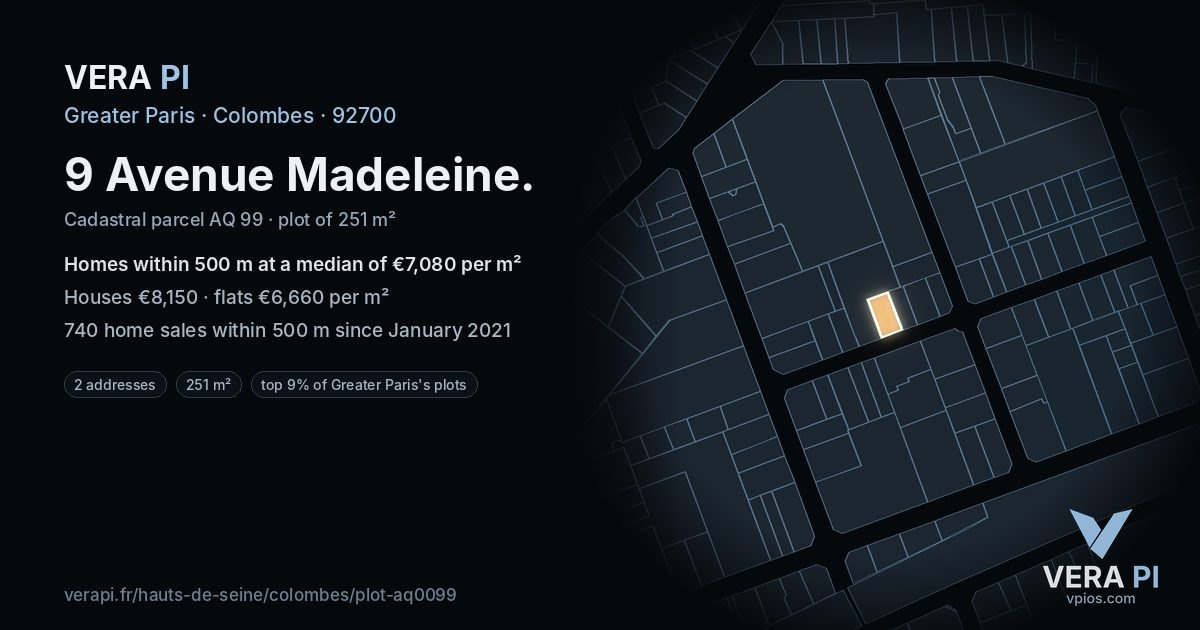 9 Avenue Madeleine, Colombes at night – the plot lit, the parcels around coloured by the prices near them