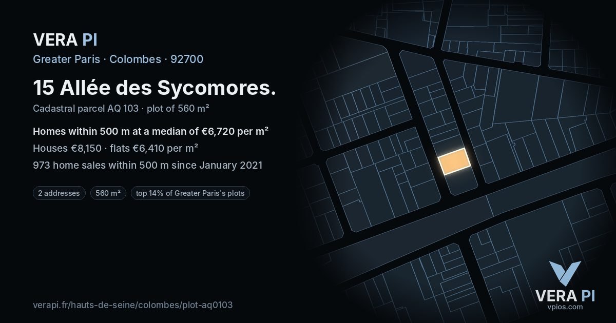 15 Allée des Sycomores, Colombes at night – the plot lit, the parcels around coloured by the prices near them
