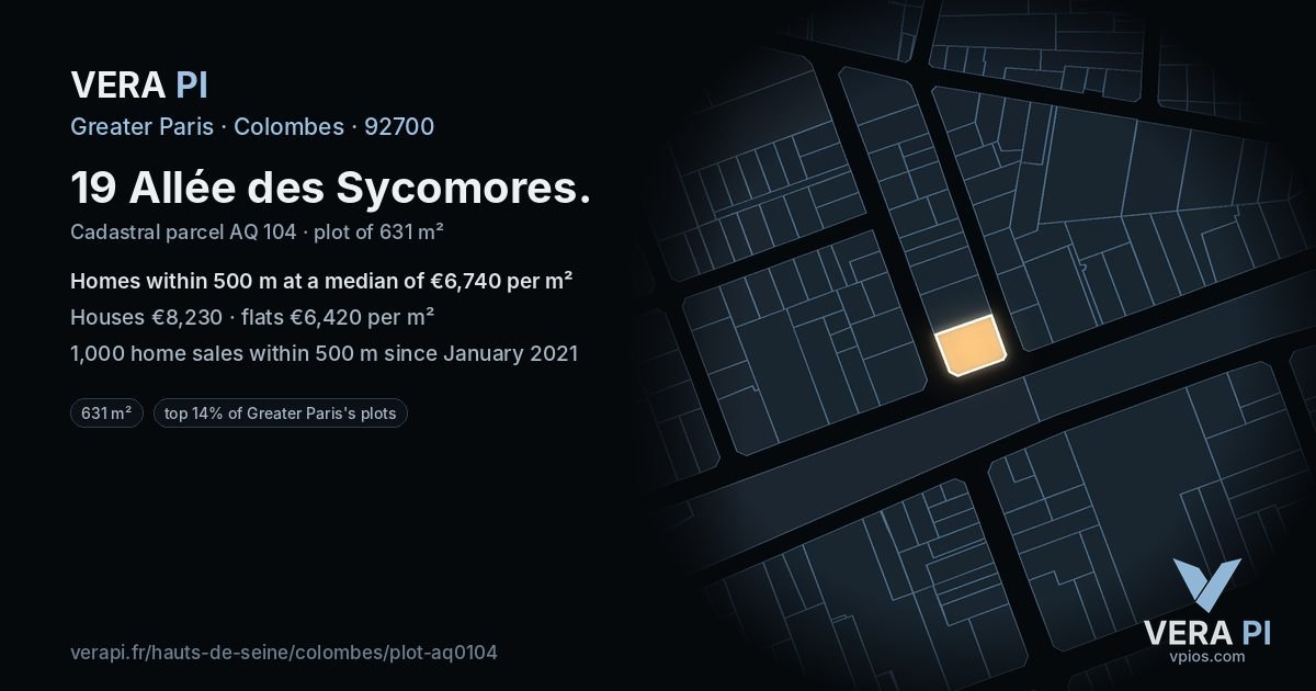 19 Allée des Sycomores, Colombes at night – the plot lit, the parcels around coloured by the prices near them