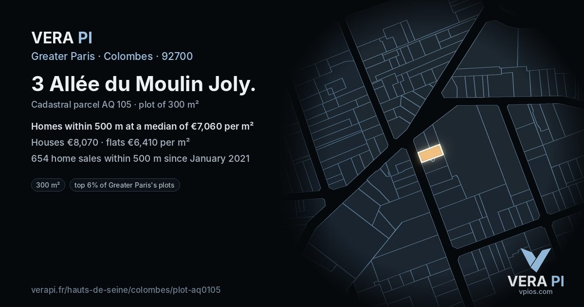 3 Allée du Moulin Joly, Colombes at night – the plot lit, the parcels around coloured by the prices near them