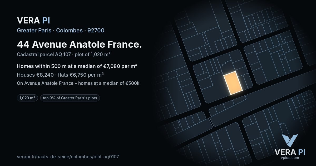 44 Avenue Anatole France, Colombes at night – the plot lit, the parcels around coloured by the prices near them