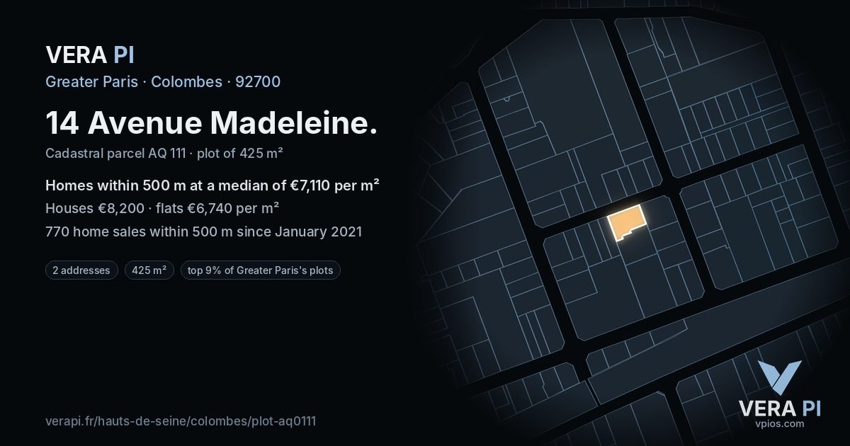 14 Avenue Madeleine, Colombes at night – the plot lit, the parcels around coloured by the prices near them