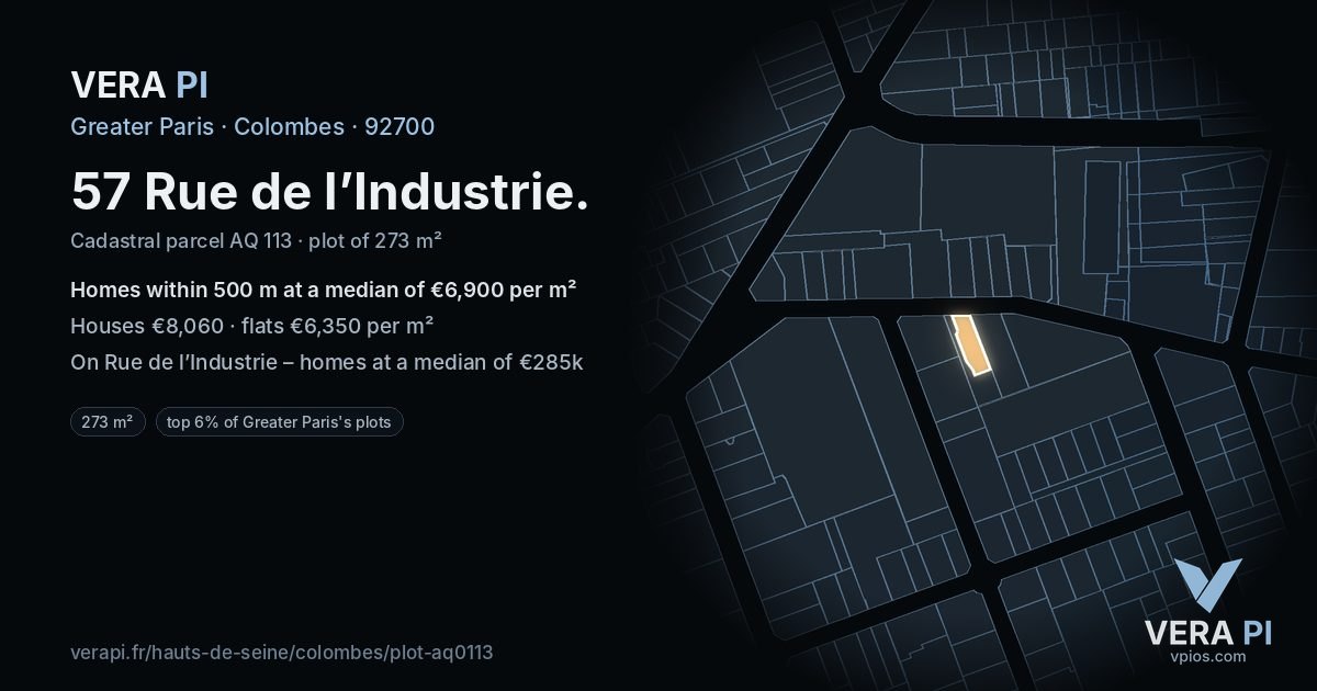57 Rue de l’Industrie, Colombes at night – the plot lit, the parcels around coloured by the prices near them