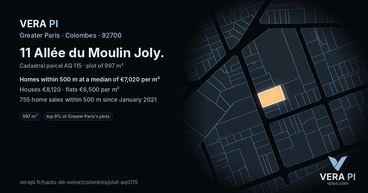 11 Allée du Moulin Joly, Colombes at night – the plot lit, the parcels around coloured by the prices near them