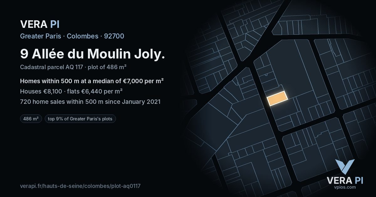 9 Allée du Moulin Joly, Colombes at night – the plot lit, the parcels around coloured by the prices near them