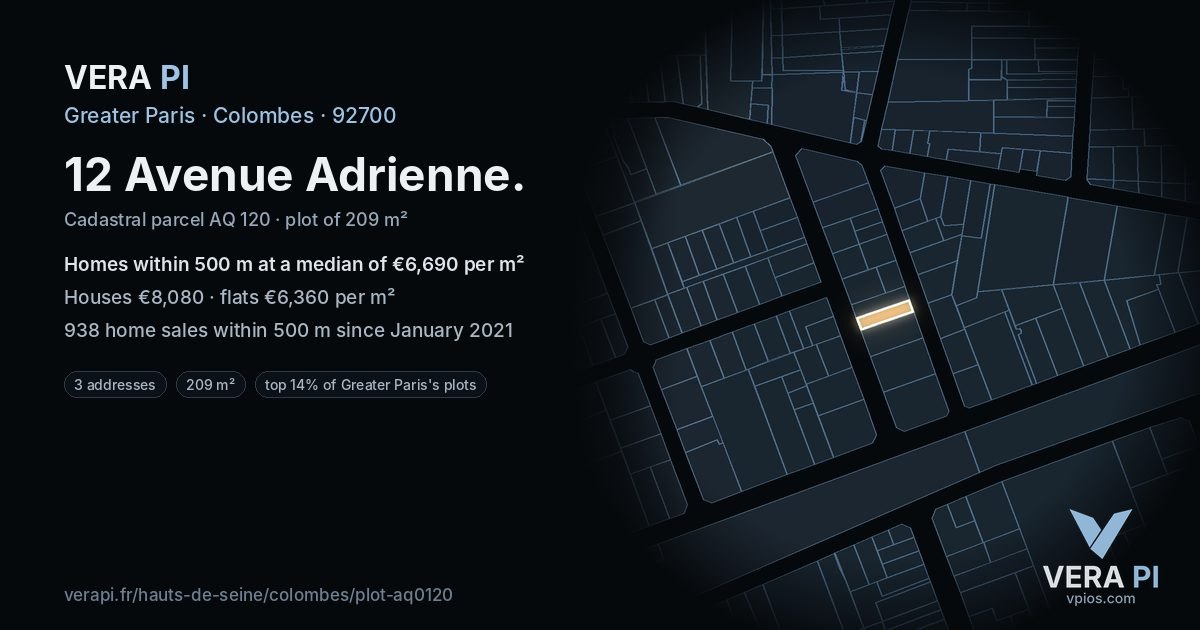 12 Avenue Adrienne, Colombes at night – the plot lit, the parcels around coloured by the prices near them