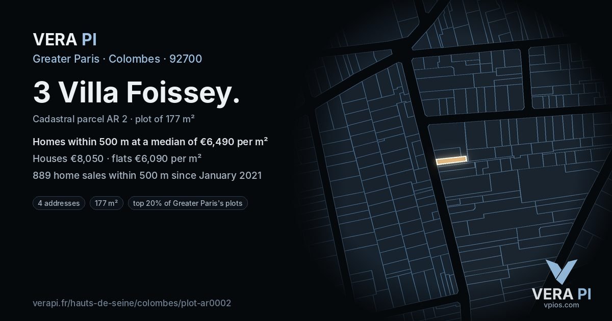3 Villa Foissey, Colombes at night – the plot lit, the parcels around coloured by the prices near them