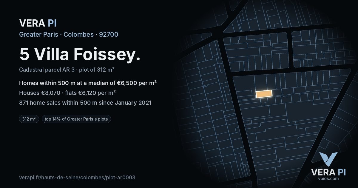 5 Villa Foissey, Colombes at night – the plot lit, the parcels around coloured by the prices near them