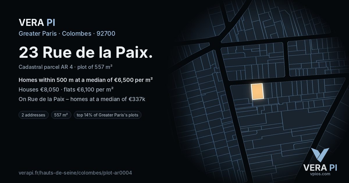 23 Rue de la Paix, Colombes at night – the plot lit, the parcels around coloured by the prices near them
