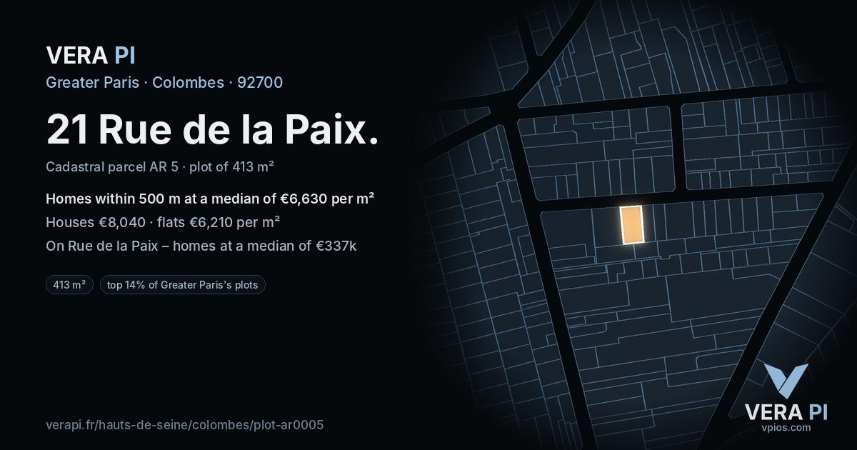 21 Rue de la Paix, Colombes at night – the plot lit, the parcels around coloured by the prices near them