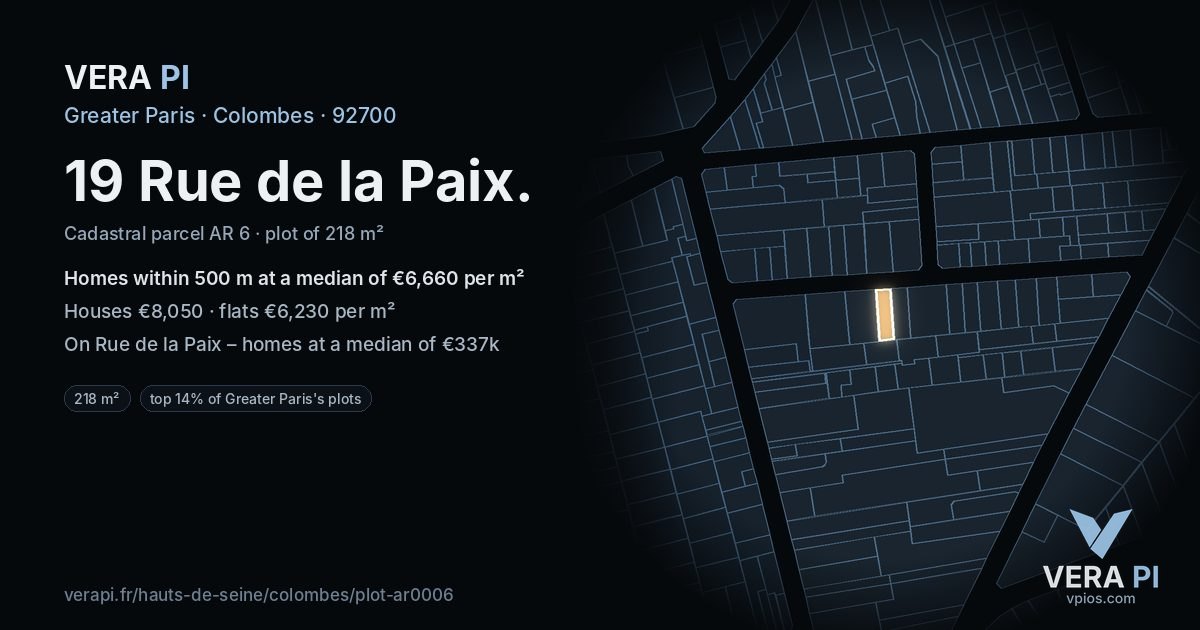 19 Rue de la Paix, Colombes at night – the plot lit, the parcels around coloured by the prices near them