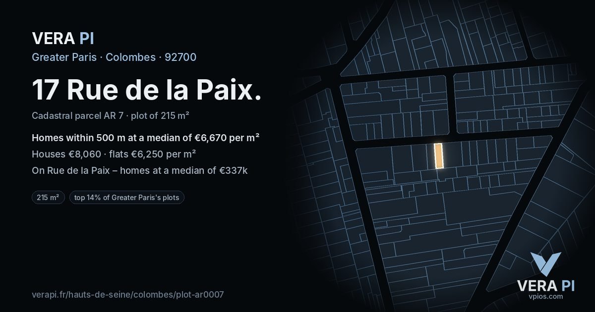 17 Rue de la Paix, Colombes at night – the plot lit, the parcels around coloured by the prices near them
