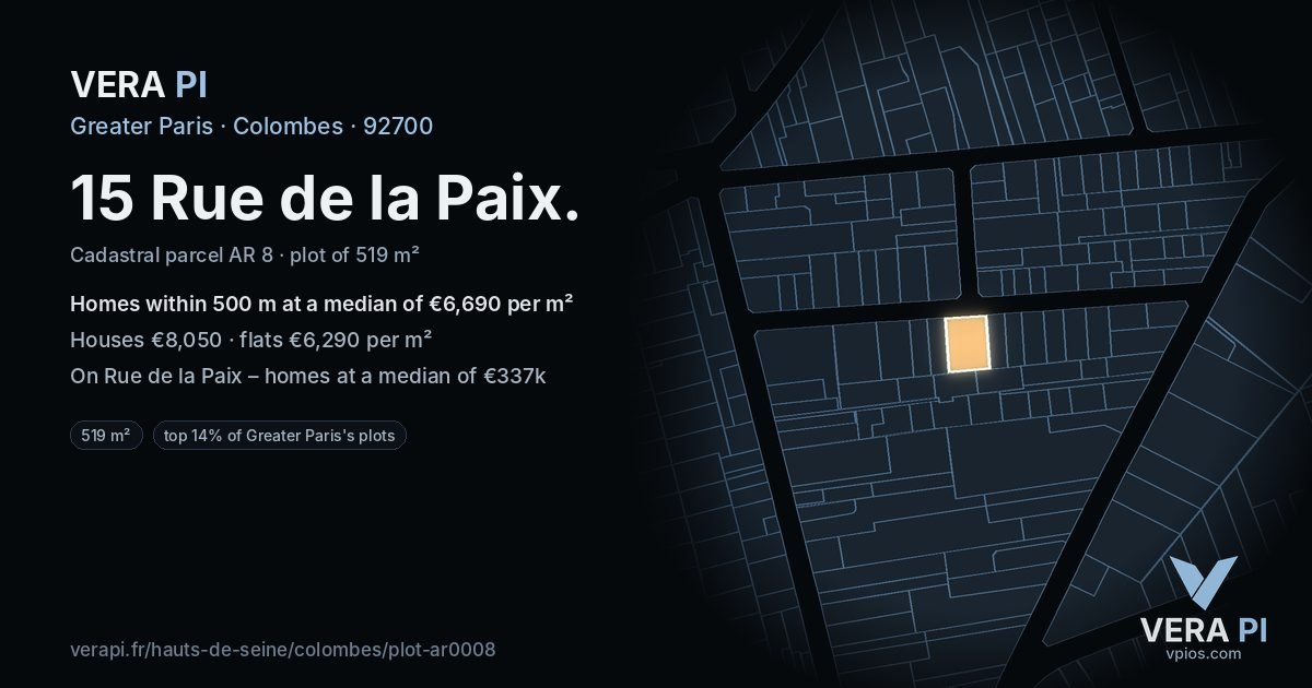 15 Rue de la Paix, Colombes at night – the plot lit, the parcels around coloured by the prices near them