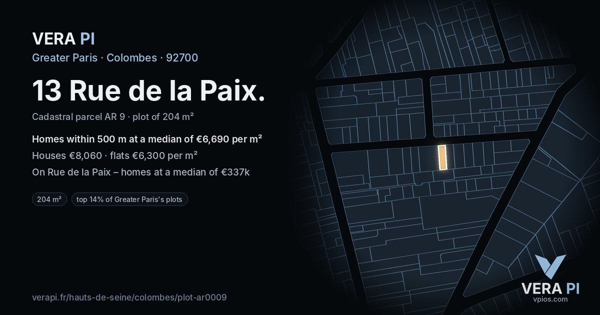 13 Rue de la Paix, Colombes at night – the plot lit, the parcels around coloured by the prices near them