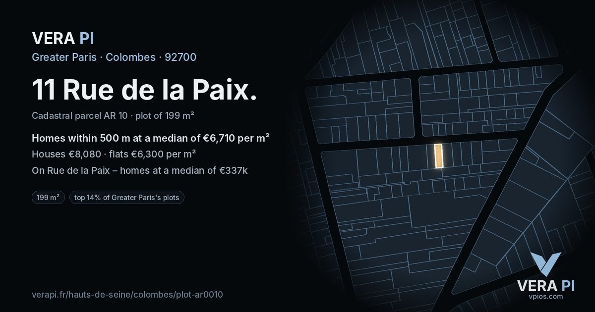 11 Rue de la Paix, Colombes at night – the plot lit, the parcels around coloured by the prices near them