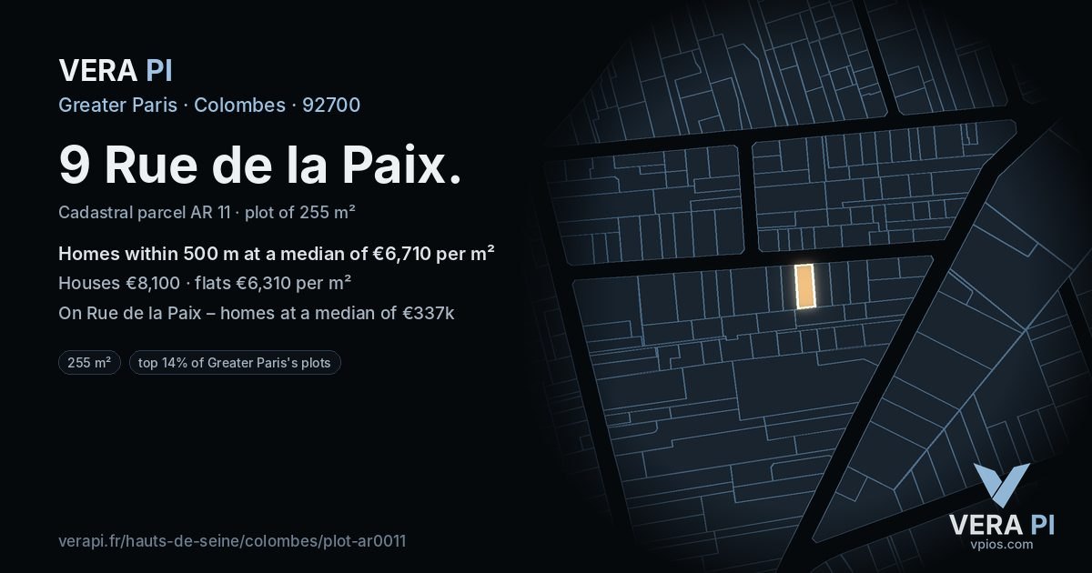 9 Rue de la Paix, Colombes at night – the plot lit, the parcels around coloured by the prices near them