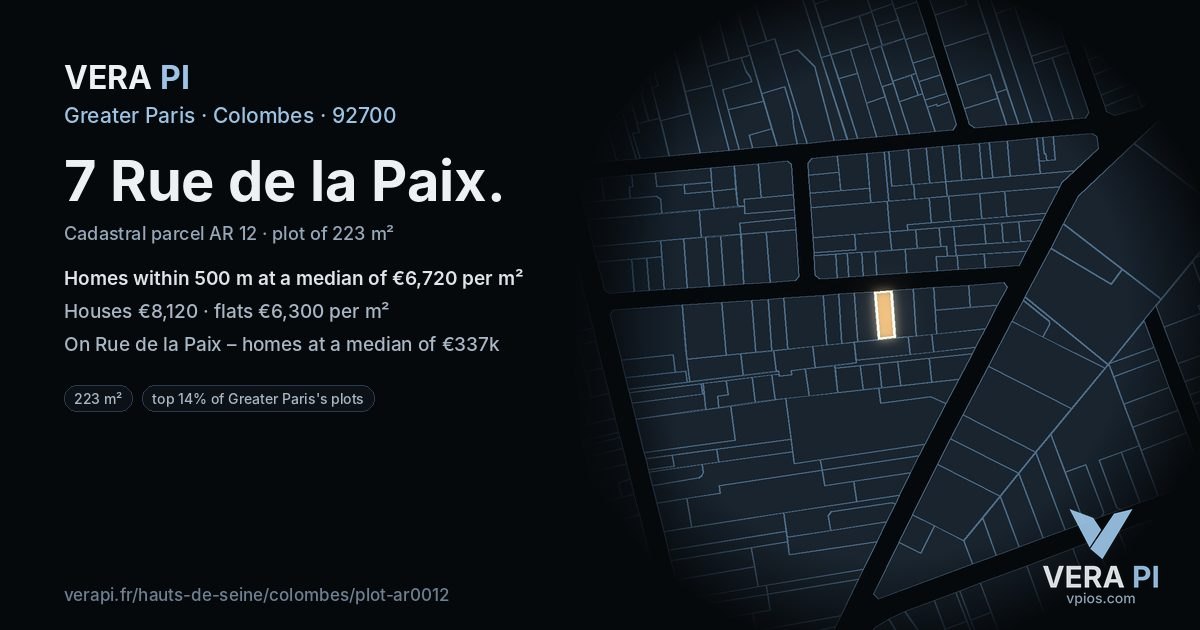 7 Rue de la Paix, Colombes at night – the plot lit, the parcels around coloured by the prices near them