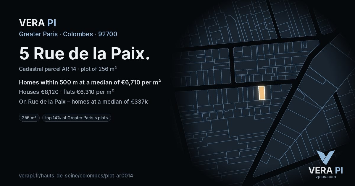 5 Rue de la Paix, Colombes at night – the plot lit, the parcels around coloured by the prices near them