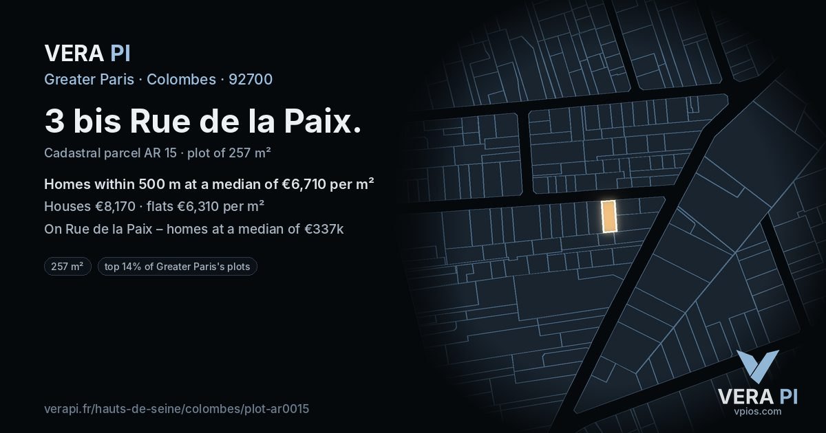 3 bis Rue de la Paix, Colombes at night – the plot lit, the parcels around coloured by the prices near them