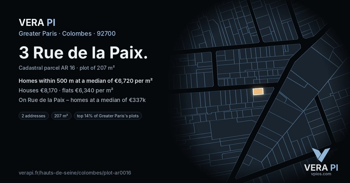 3 Rue de la Paix, Colombes at night – the plot lit, the parcels around coloured by the prices near them