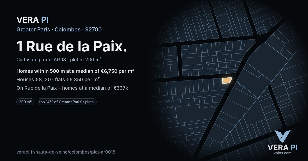 1 Rue de la Paix, Colombes at night – the plot lit, the parcels around coloured by the prices near them