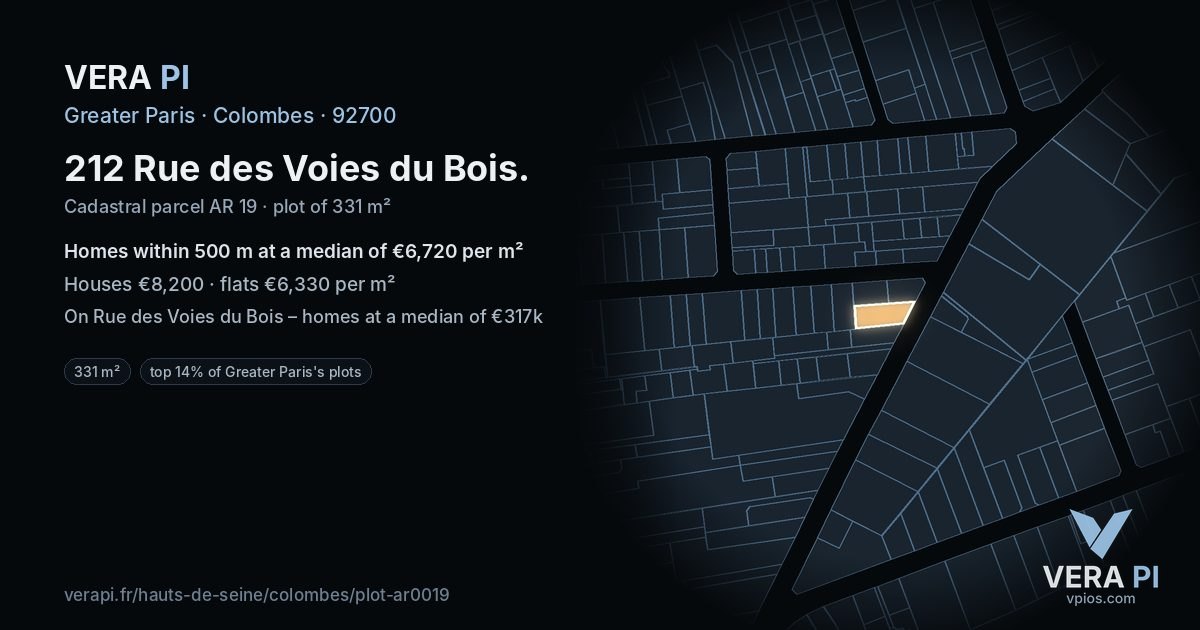 212 Rue des Voies du Bois, Colombes at night – the plot lit, the parcels around coloured by the prices near them
