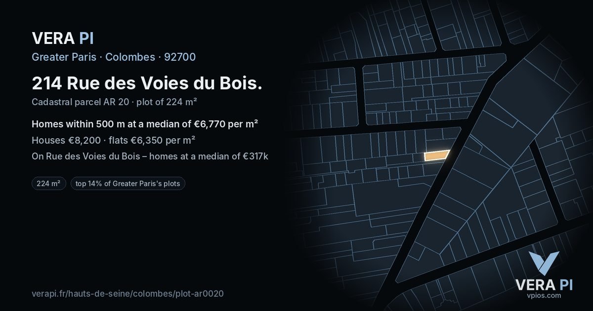 214 Rue des Voies du Bois, Colombes at night – the plot lit, the parcels around coloured by the prices near them