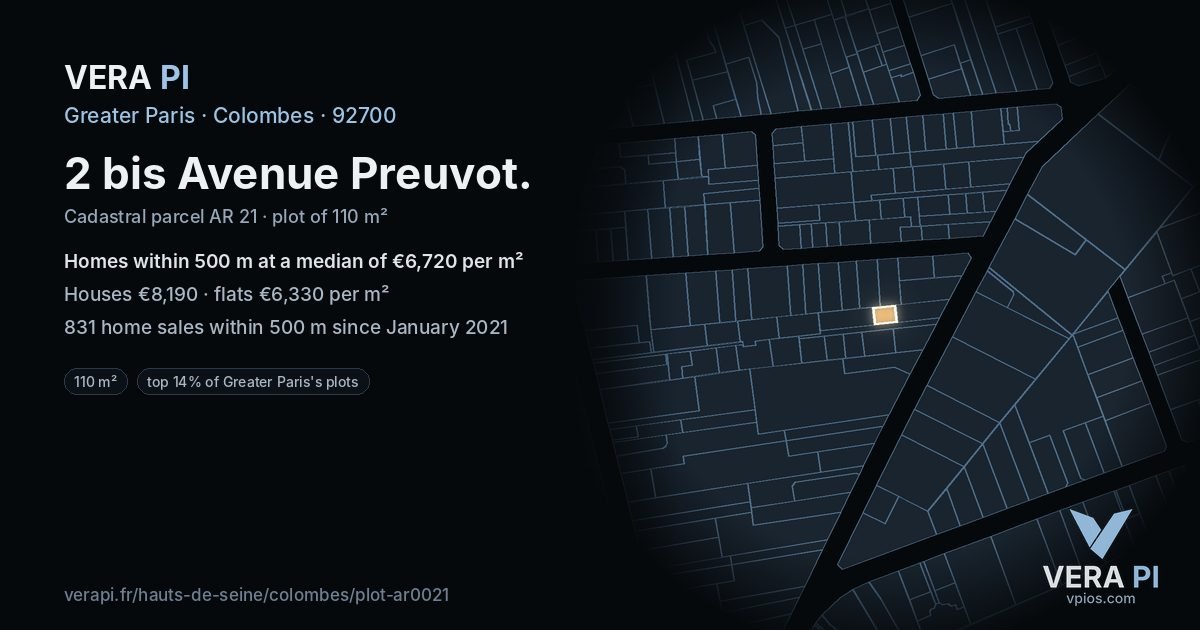 2 bis Avenue Preuvot, Colombes at night – the plot lit, the parcels around coloured by the prices near them