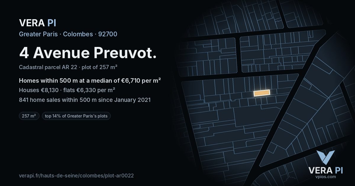 4 Avenue Preuvot, Colombes at night – the plot lit, the parcels around coloured by the prices near them