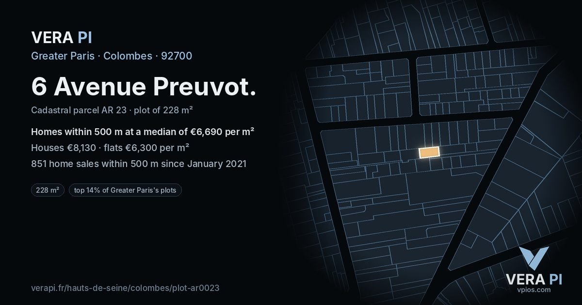 6 Avenue Preuvot, Colombes at night – the plot lit, the parcels around coloured by the prices near them