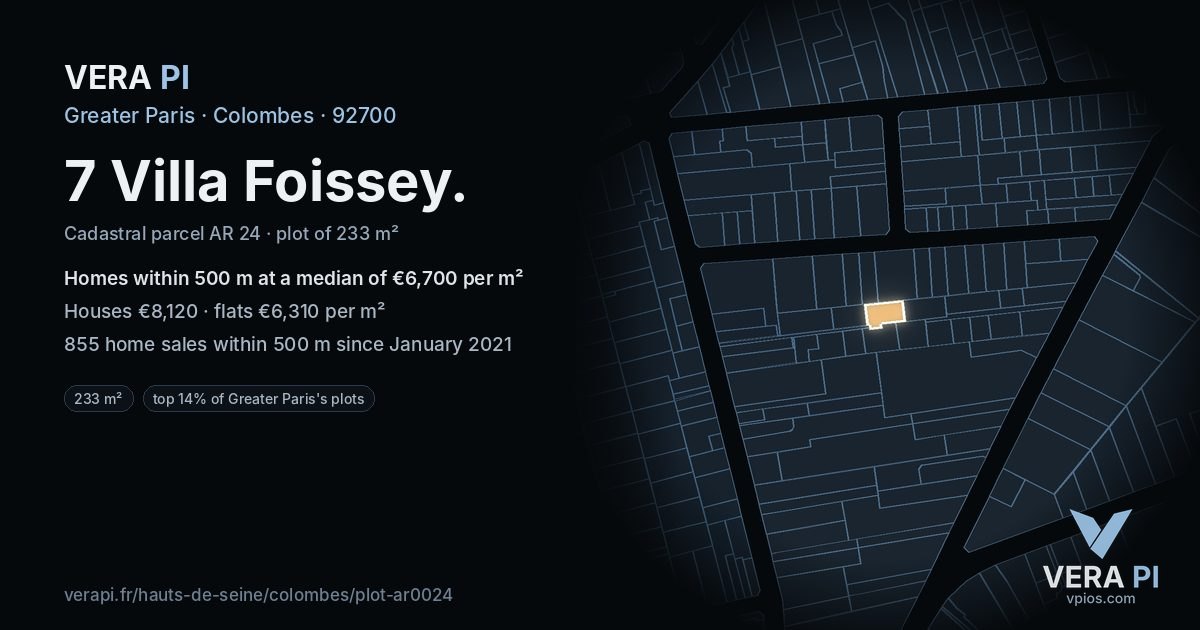 7 Villa Foissey, Colombes at night – the plot lit, the parcels around coloured by the prices near them